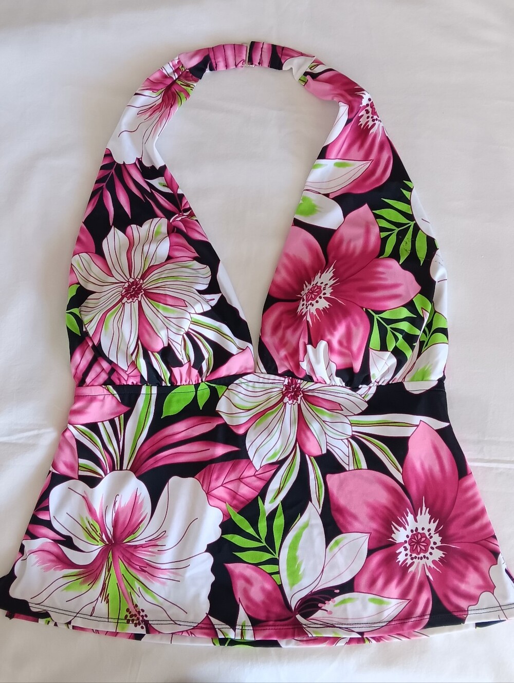 NWT Jantzen Classics Tropical Hibiscus Floral Halter Swim Top Pink Black Size 16